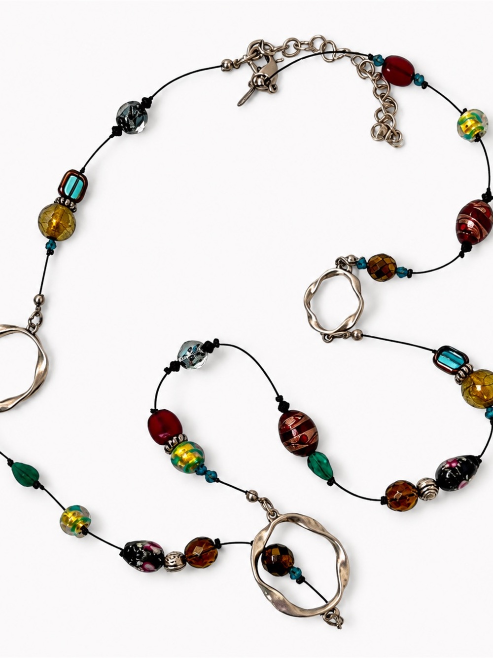 Vintage Chico’s 90s Long Beaded Statement Necklace Silver Multicolor